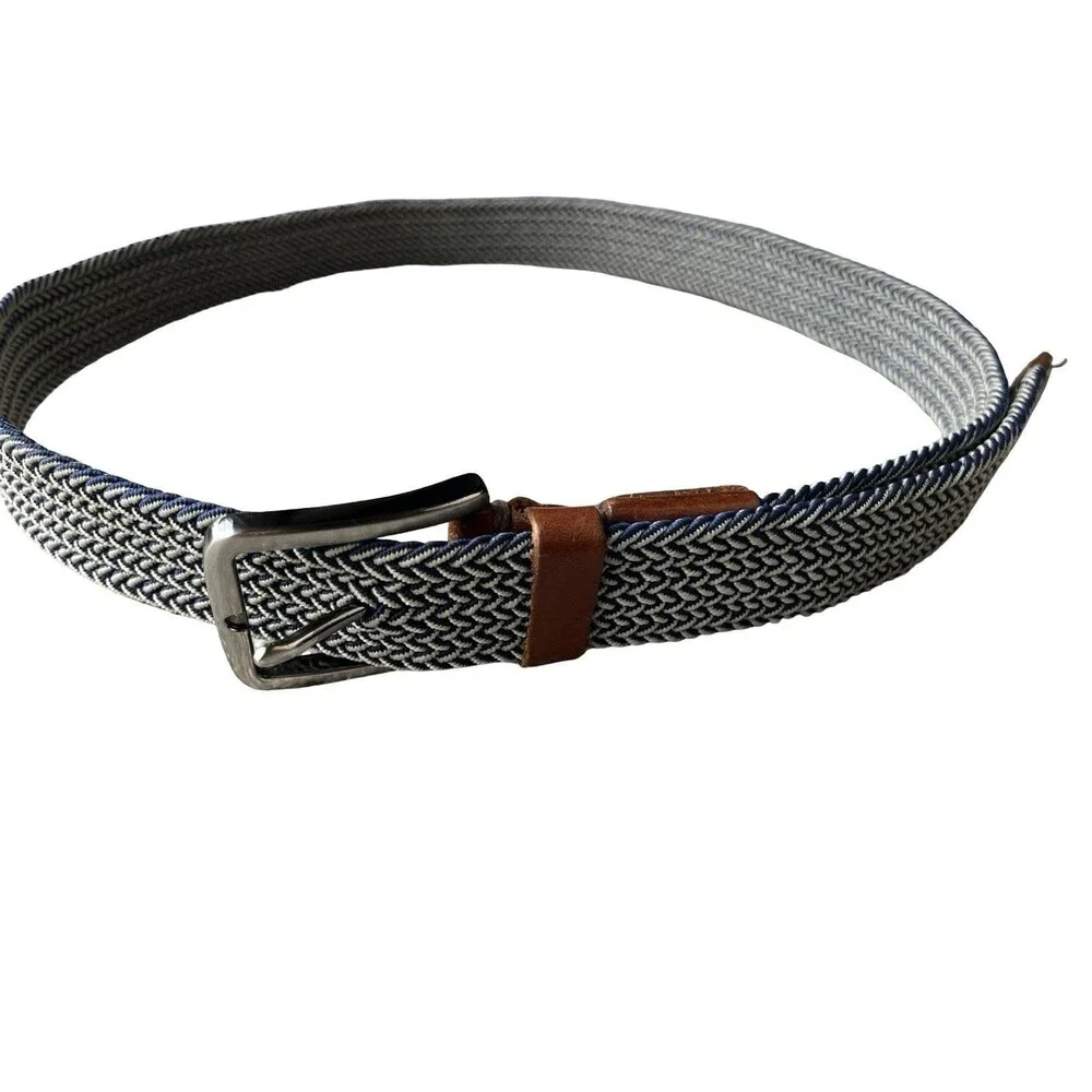 Tommy Hilfiger Woven Stretch Belt Blue Gray Brown Leather Size L/XL Made in DR